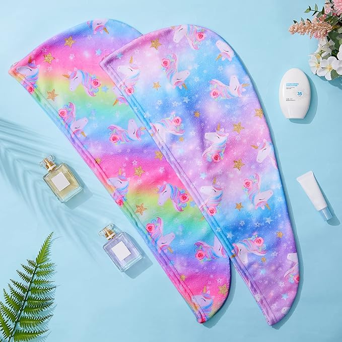 FIOBEE Microfiber Hair Towel Wrap for Kid Rapid Drying Towel Absorbent Hair Turbans for Wet Hair with Button Women Girls Long Curly Hair Pack of 2, Rainbow