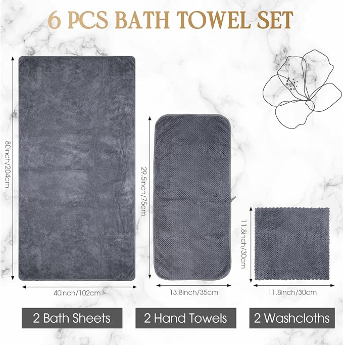 Peryiter Oversized Bath Towels Set of 6 for Adults 40x80 Inches Extra Large Bath Towel Sets Bathroom Sheets Jumbo Shower Towels Quick Dry Absorbent Soft Microfiber for Adults(Gray)