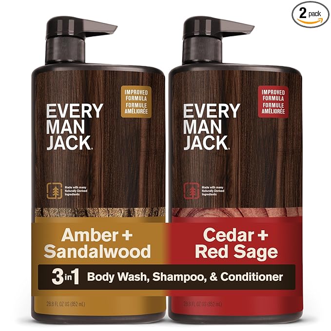 Every Man Jack Men’s 3-in-1 All Over Wash for All Skin and Hair Types - Amber + Sandalwood & Cedar + Red Sage Bundle - Cleanse and Nourish w/Naturally Derived Ingredients - 28.8 fl. oz (2 Pack)