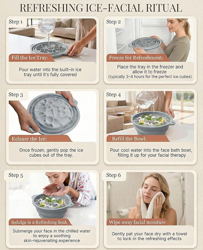 Face Ice Bath Bowl with Built-in Ice Tray, Foldable Silicone Face Bowl for Ice, Reusable Small Ice Facial Bowl for Puffiness Reduction, Skin Tightening, Acne Relief, Spa Tool for Home, Travel