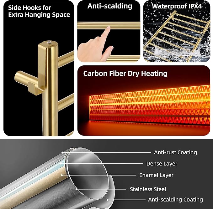 P&Dlusir Towel Warmer, Heated Towel Rack with Smart Timer and Thermo Control, Wall-Mounted Heated Towel Rail, Stainless Steel, Hard-Wired/Plug-in, Brushed Gold, 10 bar