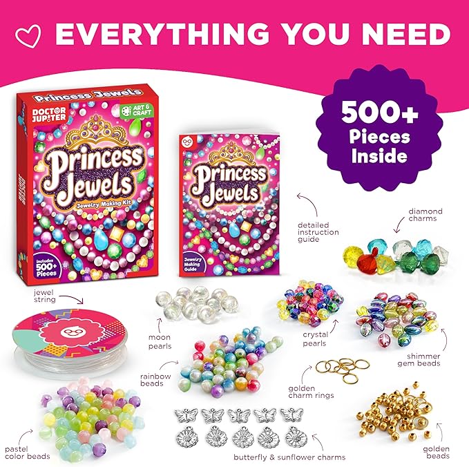 Doctor Jupiter Jewelry Making Kit for Kids Ages 6+ | Arts & Crafts for 6-8-12 Year Olds | Charm Bracelets, Necklace Making Kit, Princess Toys for Girls | Christmas Gift Ideas