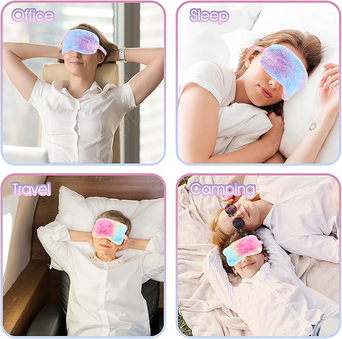 2 Pack Plush Sleeping Eye Mask Soft Plush Eye Mask Fuffy Eye Cover Comfortable Sleep Mask Blindfold Rainbow Faux Fur Eye Shade for Women, Men and Kids Travel Nap Sleeping