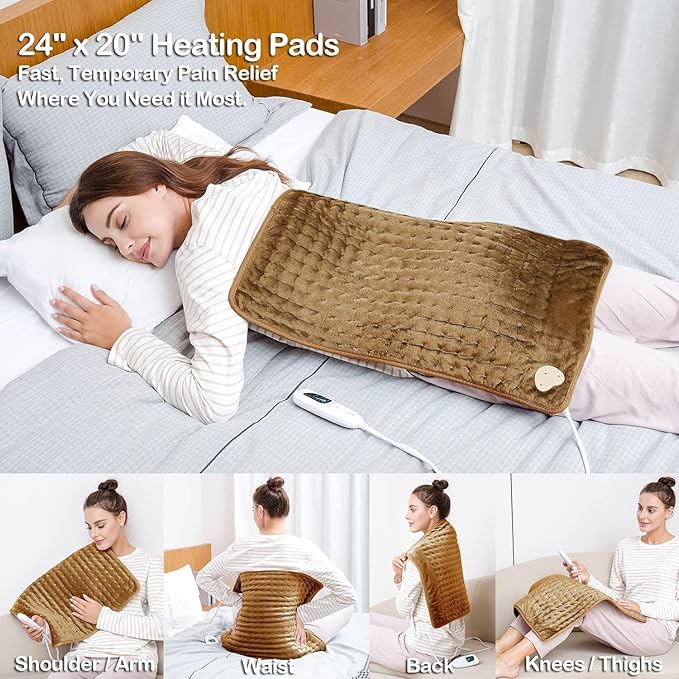 Deepsoon Heating Pad,Electric Heating Pads for Back,Neck,Moist Heating Pad for Abdomen Shoulder Knee Legs,Dry/Moist Heat&Auto Shut Off,Mother's Day Birthday for Men and Women,Brown,24x20 Inch
