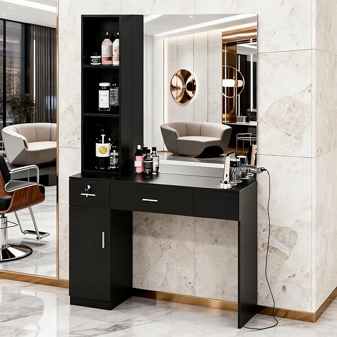 OmySalon Salon Station with Mirror, Locking Barber Station for Hair Stylist, Wall Mount Cabinet with Hair Dryer Holders & Open Shelves, for Barbershop Beauty Spa, Black