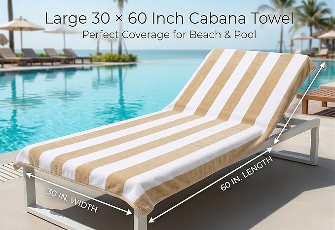 Premium Velour Cabana Beach Towel 4 Pack, 30” x 60” Soft Plush Cotton Pool Towel, Absorbent Quick Dry Towel for Beach and Pool (White Beige)