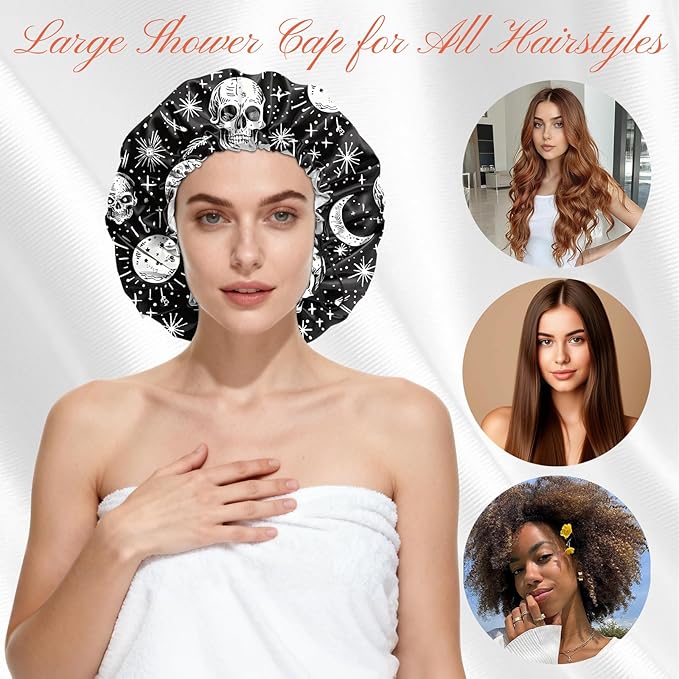 Shower Cap Reusable Double Layer Adjustable Elastic Waterproof EVA Hair Bath Caps for Women Girls Cute Aesthetic-Skull