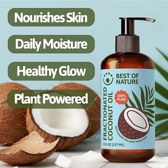 Best of Nature Fractionated Coconut Oil for Face, Hair & Massage – 100% Pure Liquid Coconut Oil for Skin, Unscented Carrier Oil for Essential Oils, Lightweight Body Oil, 8 fl oz Pump Bottle