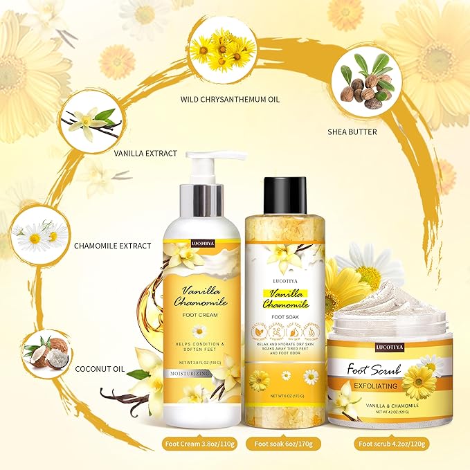 LUCOTIYA Foot Soak Set Pedicure Kit, Vanilla chamomile Foot Soak Salts, File, Scrub & Urea Cream,Pedicure Supplies for Dry Cracked Feet for Women