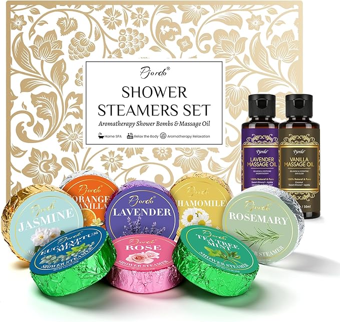 Pjordo Shower Steamers Aromatherapy, Mothers Day Gifts for Women Wife Her, 16 Pack Shower Bombs with Natural Essential Oil & 2 Pack Massage Oil for Moisturizing, Self Care Relaxation Home Spa