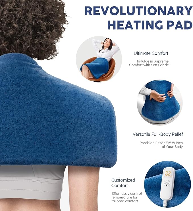 Mothers Day Gifts for Mom Her, Heating Pad for Back Pain & Cramps, 24"x 20" Electric Heating Pad for Shoulder, Neck, Cramp, Menstrual Pain, Auto-Off, Machine Washable, Moist/Dry Heat pad, Blue