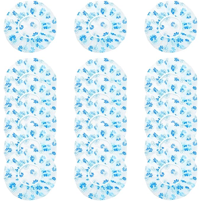 18 Pack Shower Caps for Women,Waterproof Reusable & Disposable Adjustable Bath Caps For Spa Long Hair Travel Saunas (Blue Flowers)