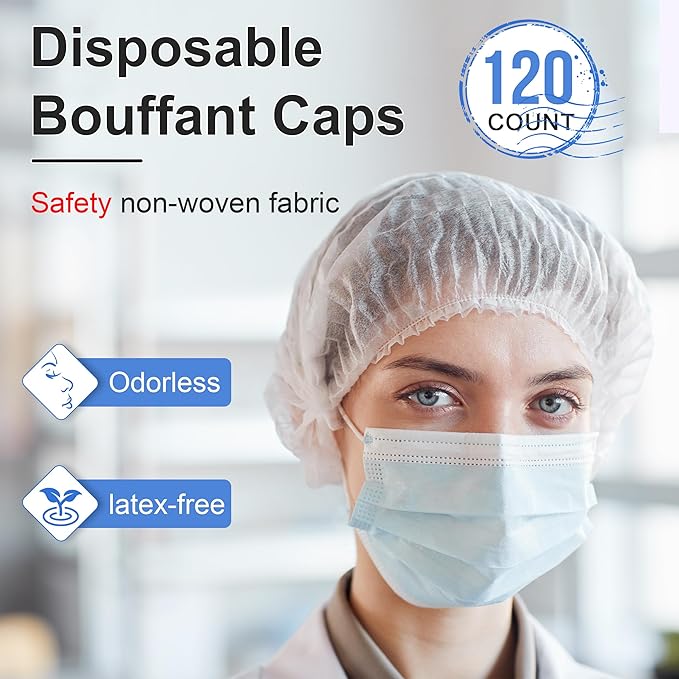 TaShow 120 Pcs Disposable Bouffant Caps, 21 Inches Hair Nets for Women and Men, Polypropylene Non-Woven Hair Nets