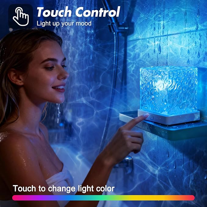 Rechargeable Shower Light No Wiring, 16 Color Changeable Ocean Wave Projector Light, Dimmable Waterproof Shower Lamp with Remote, Rotating Flame Water Ripple Lamp for Shower, Bathroom, Bedroom Decor
