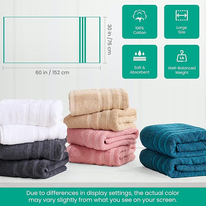 Bath Towels 4 Pack, 30 x 60 Inches, Large 100% Cotton Towels, Soft, Absorbent, Comfortable for Home, Spa, and Gym, (Gray)