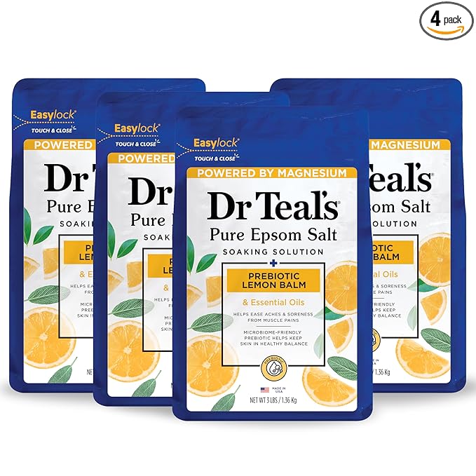 Dr Teal's Pure Epsom Magnesium Salt Soak, Prebiotic Lemon Balm & Essential Oil, 3 lbs (Pack of 4)