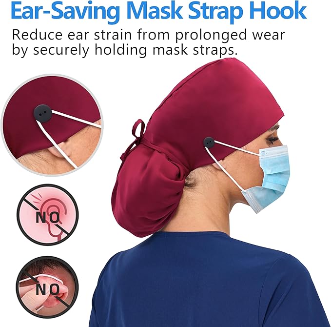 Satin Lined Scrub Cap, Adjustable Surgical Cap with Sweatband & Buttons, Soft and Wrinkle-Resistant Scrub Hat