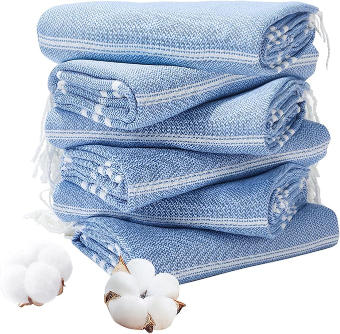 Genovega 6 Packs Oversized Turkish Beach Bath Towel Set Bulk 74"x38" Extra Large Sand Free Quick Dry Swim Camping Pool Clearance Towels Travel Blanket Adult Essentials Royal Blue Stripe