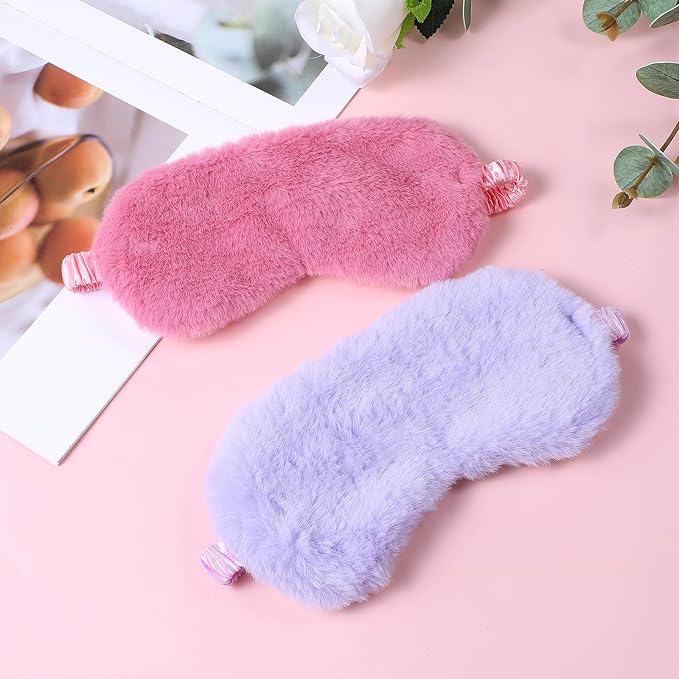 2 Pcs Plush Eye Mask Soft Sleeping Blindfold Eye Cover Comfortable Furry Faux Fur Sleeping Mask Satin Nap Night Eyeshade Cover for Women Men Gift (Rose, Violet)