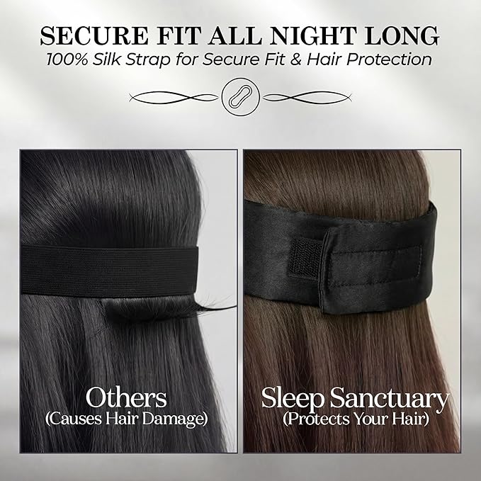 SLEEP SANCTUARY 100% Pure Mulberry Silk Sleep Mask - 22 Momme Light Blocking Hook & Loop Silk Eye Mask for Sleeping - Secure Fit for Side Sleepers, Women & Men - Cloud Soft (Black)