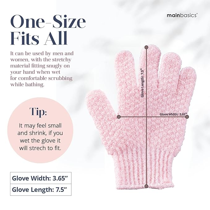 MainBasics Deep Exfoliating Bath Gloves - Heavy-Textured Nylon Shower Scrub for Dead Skin Removal - Machine Washable (1 Pair, Soft Pink)