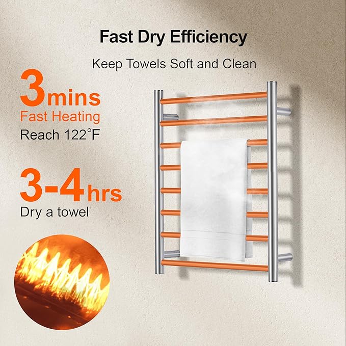 Towel Warmer Bathroom Wall Mounted Drying Rack Plug-in Electric Heated Towel Rack Stainless Steel (Brushed, 8 Bar)