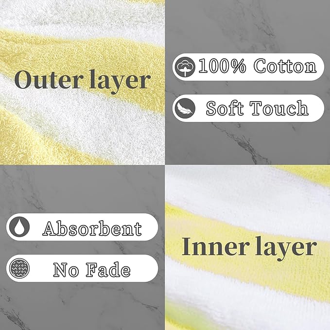 VOOVA & MOVAS Bath Washcloths 6-Pack, 8.3x6.3 Inch 100% Cotton Soft Absorbent Bath Mitt with Hanging Loop, European Style Wash Cloths for Shower & Bath, Yellow Stripe & White