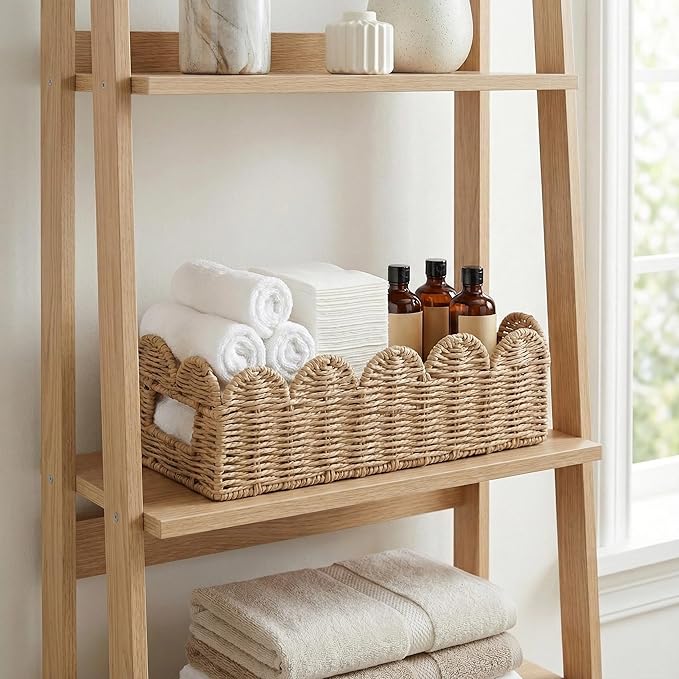 Scalloped Khaki Toilet Tank Basket for Back of Toilet, Wicker Bathroom Tray for Toilet Paper Storage, Bathroom Organizer for Tank Top, Countertop & Small Spaces