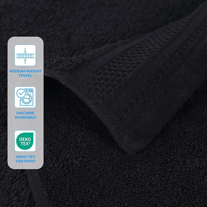 Superior Honeycomb Cotton Medium Weight Towels, for Guest Bath, Master Bathroom, Shower, Kitchen, Quick Dry, Adults, Home Essentials, Textured Waffle Border, Towel Set, Hand Towels, Set of 6, Black