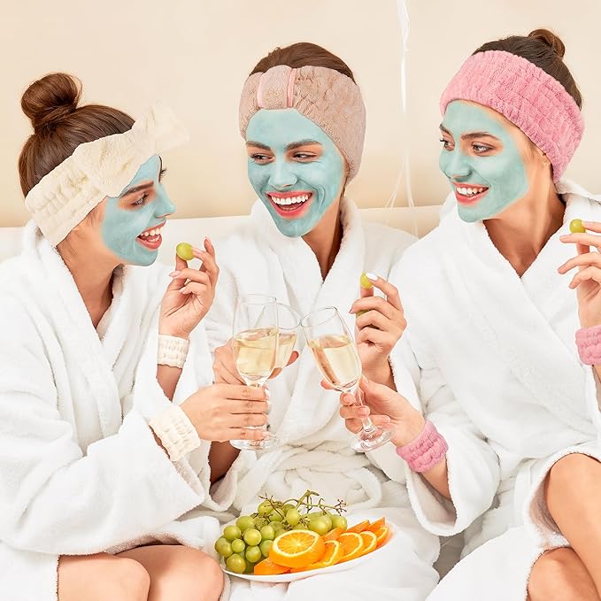 DiyJibb 9 Pcs Spa Headband for Washing Face,Skincare Headband and Wristband Set,Women Teen Girls Facial Hairbands for Washing Face, Makeup, Sports, Yoga (apricot + pink + grey)