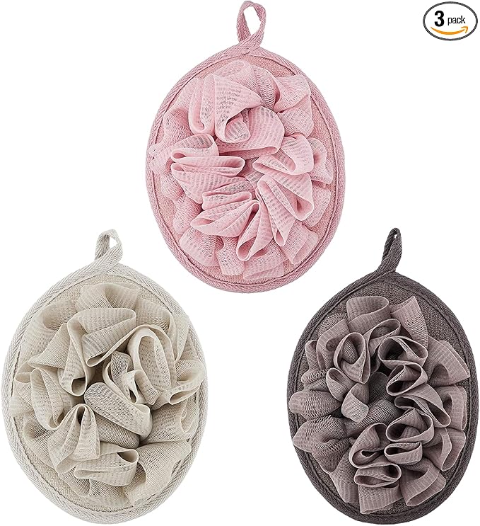 Boao 3 Pcs Bath Shower Pouf Sponge Mesh Pouf Shower Ball Exfoliating Body Sponge Pad Scrubber Glove with Flower Bath Ball (Khaki,Dark Brown,Dark Pink)