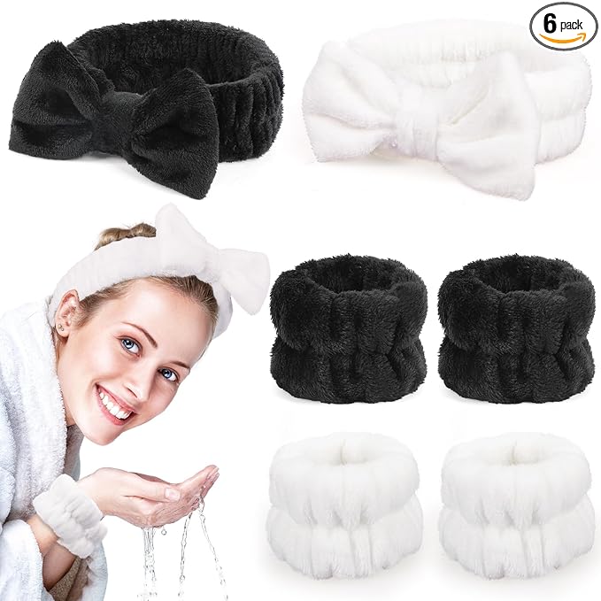 Spa Headbands for Women with Wristband Set: Facial Makeup Headbands for Girls & Teens - Soft Coral Fleece Elastic Hair Wraps with Wrist Accessories for Washing Face Shower Bath Beauty Skincare Gifts