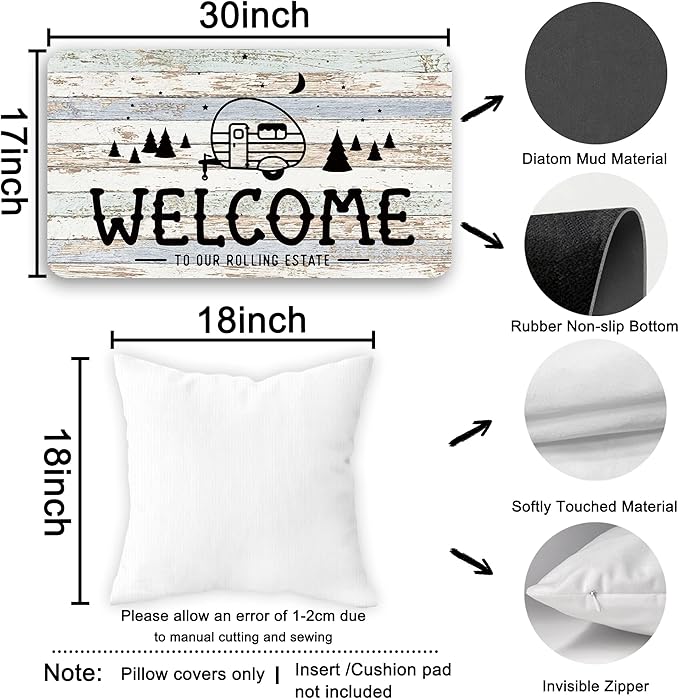 Welcome to Our Rolling Estate Soft Diatom Mud Absorbent Bath Rug 17”x30”,Welcome to Our Happy Camper Reversible Throw Pillow Cover 18”x18”,Set of 1 Pillow Cover 1 Doormat,Campsite RV Decor