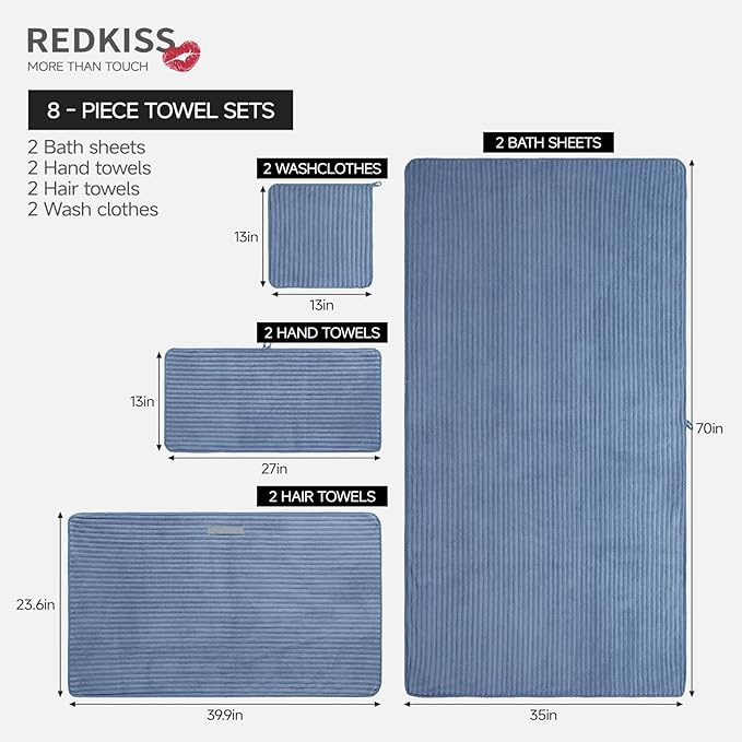 REDKISS Blue Bath Towels Set 8 Piece - Microfiber Bathroom Towels of 8 Large, Highly Absorbent Bath Towel, Soft Shower Towel for Bathroom, Hotel 2 Bath Sheet 2 Hand 2 Washcloths 2 Hair Towel Wrap
