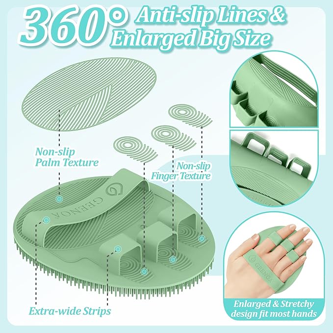 Silicone Back Scrubber & Bath Glove Set 2PCS, 13.4'' Gentle Shower Back Scrubber with Dual-Side Head Non-Slip Handle, 360° Anti-Slip Hand-fit Bath Glove for Rich Foaming Deep Cleaning(Green)