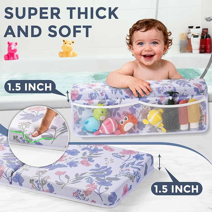 Bath Kneeler and Elbow Rest Pad Set - Comfortable 1.5” Thick Baby Bath Kneeler Pads with Toys Organizer, Non-Slip Knee Arm Support Bathtub Mat, Quick-Drying Kneeling Pad for Baby Bath Time