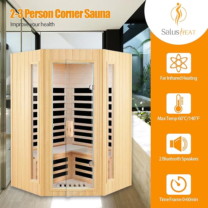 Far Infrared Sauna, 2-3 Person infrared sauna for home, Indoor Home Sauna Canadian Hemlock Wooden Sauna Dry Sauna with 7 Low EMF Heating Panels, Bluetooth Speakers, LED Reading Lights, 1670W