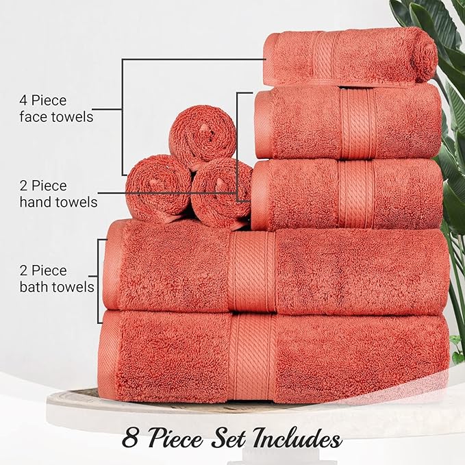 SUPERIOR Egyptian Cotton Pile 8 Piece Towel Set, Includes 2 Bath, 2 Hand, 4 Face Towels/Washcloths, Ultra Soft Luxury Towels, Thick Plush Essentials, Guest Bath, Spa, Hotel Bathroom, Coral