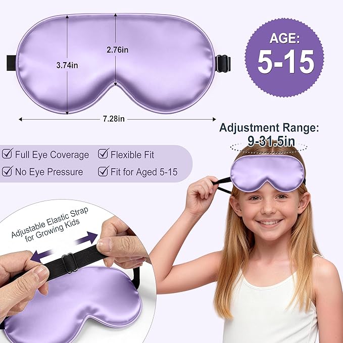 Kids Sleep Mask, Kids Eye Mask for Boys Girls, Kid Silk Eye Masks with Adjustable Strap for Sleeping, 100% Light-Blocking Sleep Eye Cover, Includes Protective Laundry Bag (Purple)