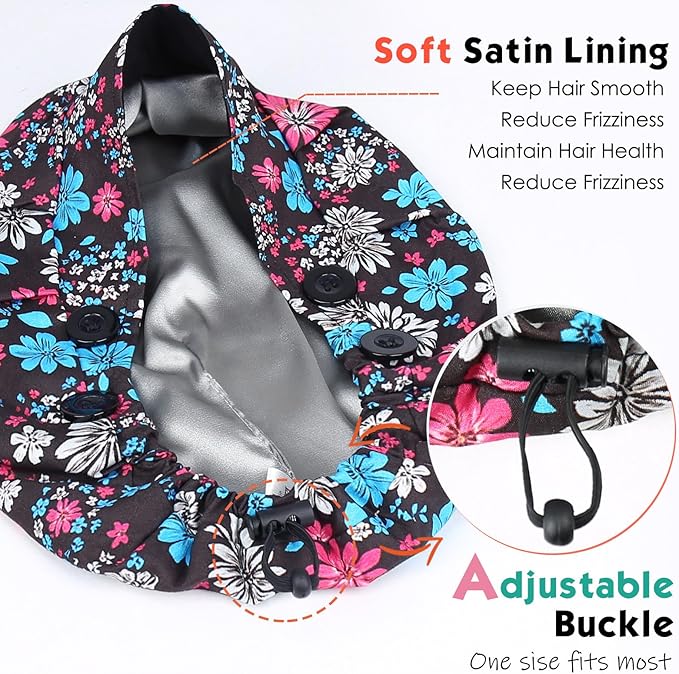 2 Pack Satin Lined Bouffant Scrub Caps with Buttons, Adjustable Scrub Caps for Women Men