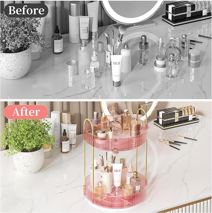 Rotating Makeup Organizer Countertop,Skincare Organizers,Spinning Perfume Tray Stand,Makeup Storage Organizer for Vanity,Bathroom Organizer and Storage,Lazy Susan,2 Tier,Pink