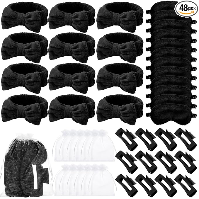 48 Pcs Spa Party Supplies Sleepover Essentials Gift for Mother's Day Spa Headband Plush Eye Mask Claw Clips Organza Bag for Women Adult Slumber Party Supplies (Black)