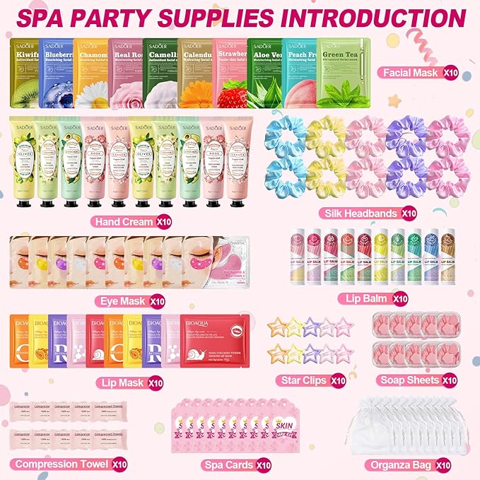 110 PCS Spa Party Supplies for Girls, Includes Face Masks, Hand Cream, Lip Balm, Eye Patches, Lip Mask & Soap Sheets, Ideal Bulk Sleepover & Birthday Party Favors for Women & Girls