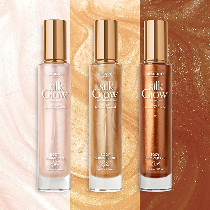 Absolute New York - Silk Glow Shimmer Mist Glow, Radiant, Shimmer Body & Face & Hair, Shea Butter, Coconut Oil, Vitamin E (SBGS05 Champagne Gold Oil Gel, 3.4 fl oz)