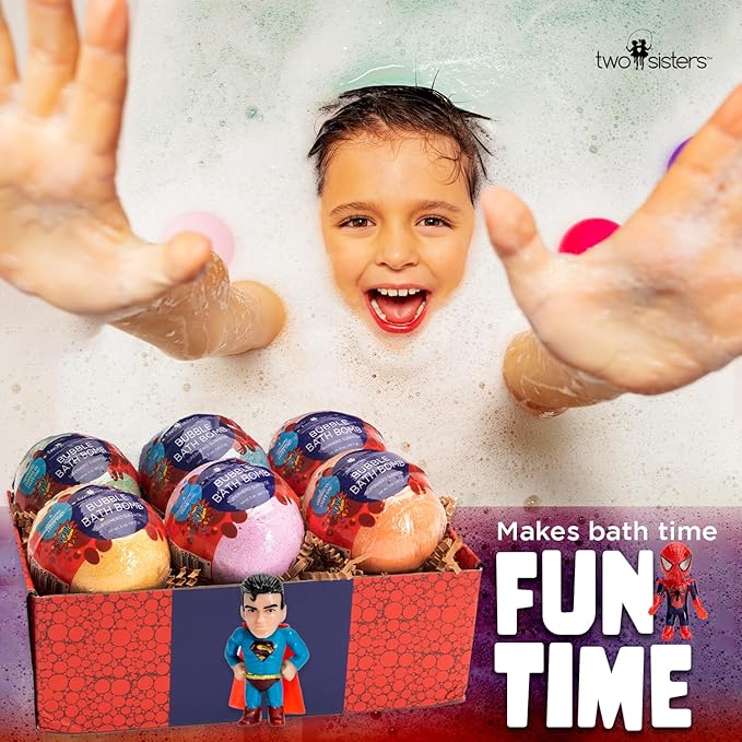 Superhero Bath Bombs for Kids with Surprise Toys Inside (6 Pack) - Large Bubble Bomb Fizzies for Boys, Girls, & Toddlers - Boys Easter Basket Stuffers and Gift, Fruity Scents, USA Made by Two Sisters