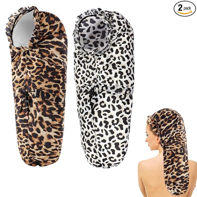 2 Pcs Large Shower Cap for Braids, Extra Long Shower Cap for Women Long Hair & Locs, Waterproof Hair Bonnets for Dreadlocks Drawstring Bath Caps for Women & Men (Leopard, Cow Print)