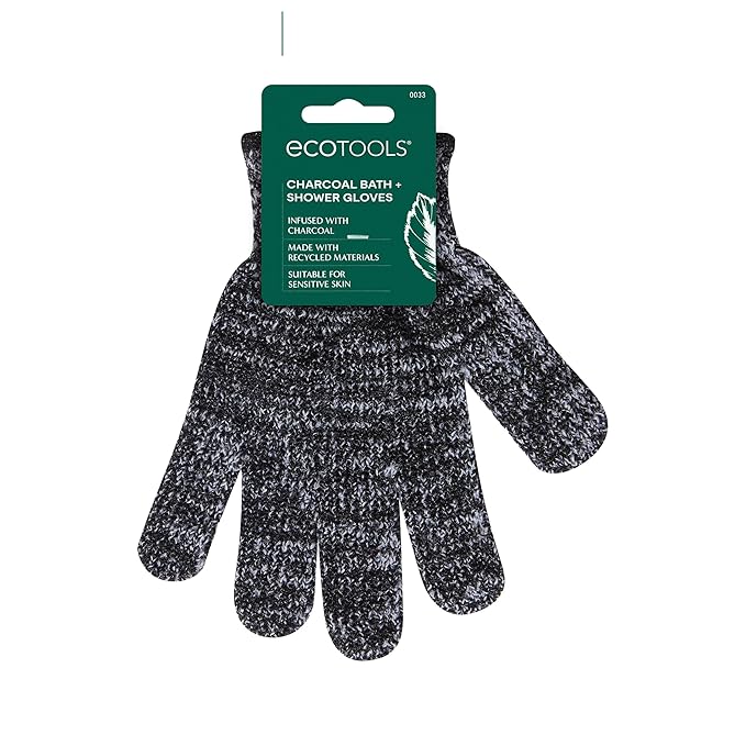 EcoTools Charcoal Bath + Shower Gloves, Exfoliating Gloves Remove Dead Skin & Cleanse Whole Body, Bath Gloves Infused With Charcoal To Scrub & Purify Skin, Cruelty Free, 1 Pair (2 Gloves)
