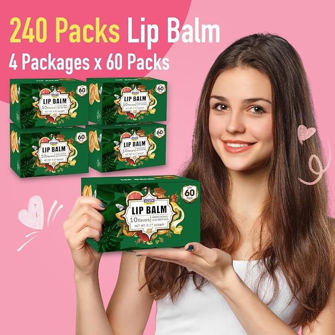 AZEN 240 Pack Lip Balm, Natural Lip Balm Bulk, Lip Care Product, Moisturizing Lip Balms for dry cracked lips, Mothers Day Gifts Easter Basket Stuffers - 10 Flavors