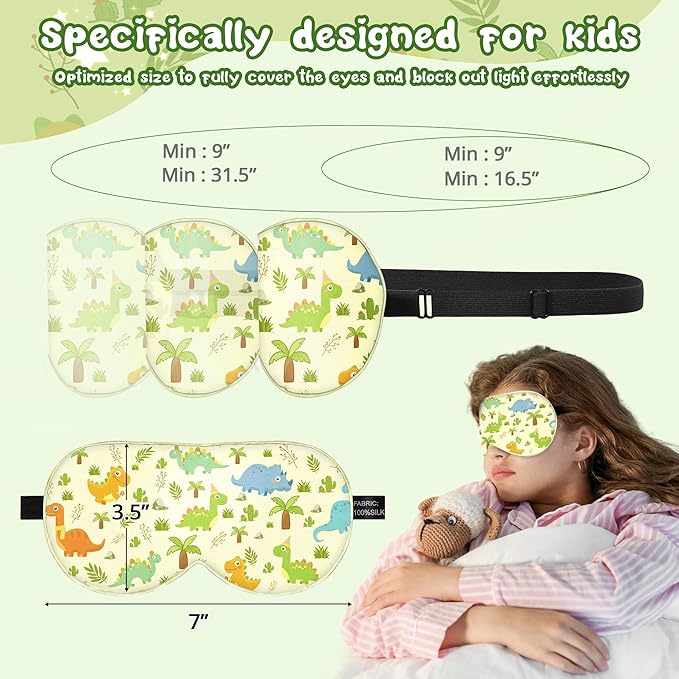 Kids Sleep Mask Eye Cover: 100% Real Natural Pure Silk Eye Mask with Adjustable Strap, Funny Blindfold Kids Eye Mask for Sleeping, Soft & Lightweight Eye Shade for Boys Girls Teens (Dinosaur Style)
