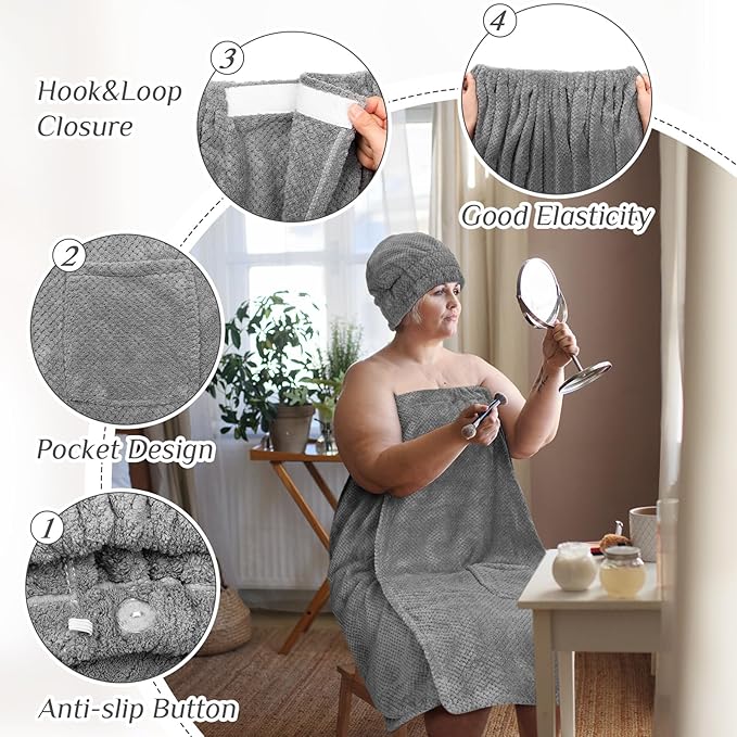 Tigeen Plus Size Towel Wrap for Women Spa Robe Set with Shower Hair Drying Turban Cap Towel Headband Adjustable Bathrobe